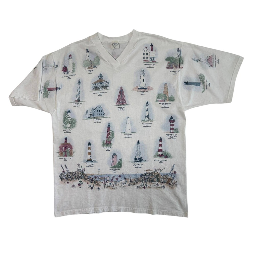 Vintage Artisans Southeast Lighthouse AOP Men XL V-Neck White T-Shirt USA Made